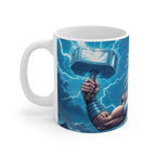 White ceramic Thor-inspired superhero mug with glossy finish featuring a muscular arm holding Thor's hammer against a lightning storm background