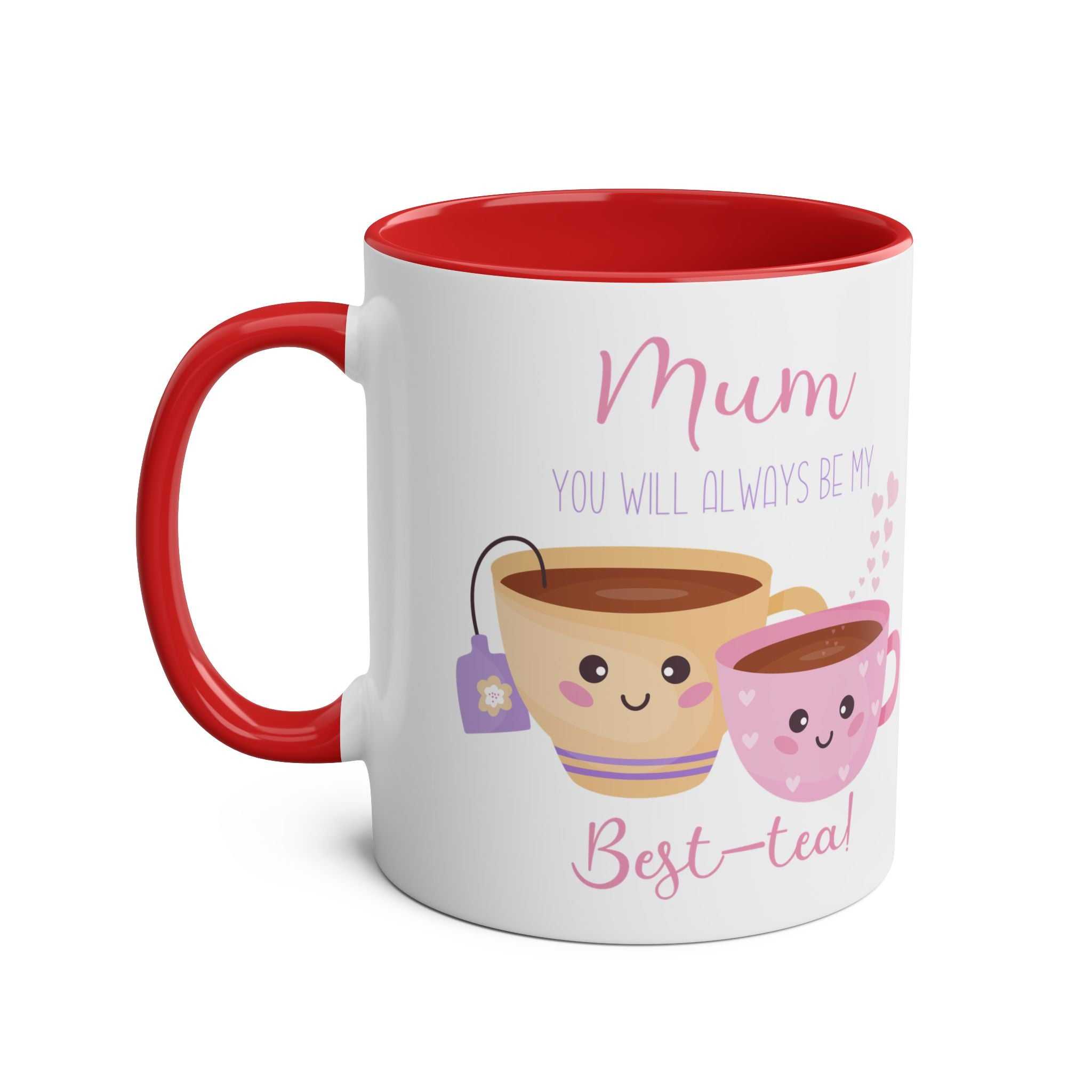 Mothers Day mug gift with teacup design and "Mum, you will always be my best-tea" message.