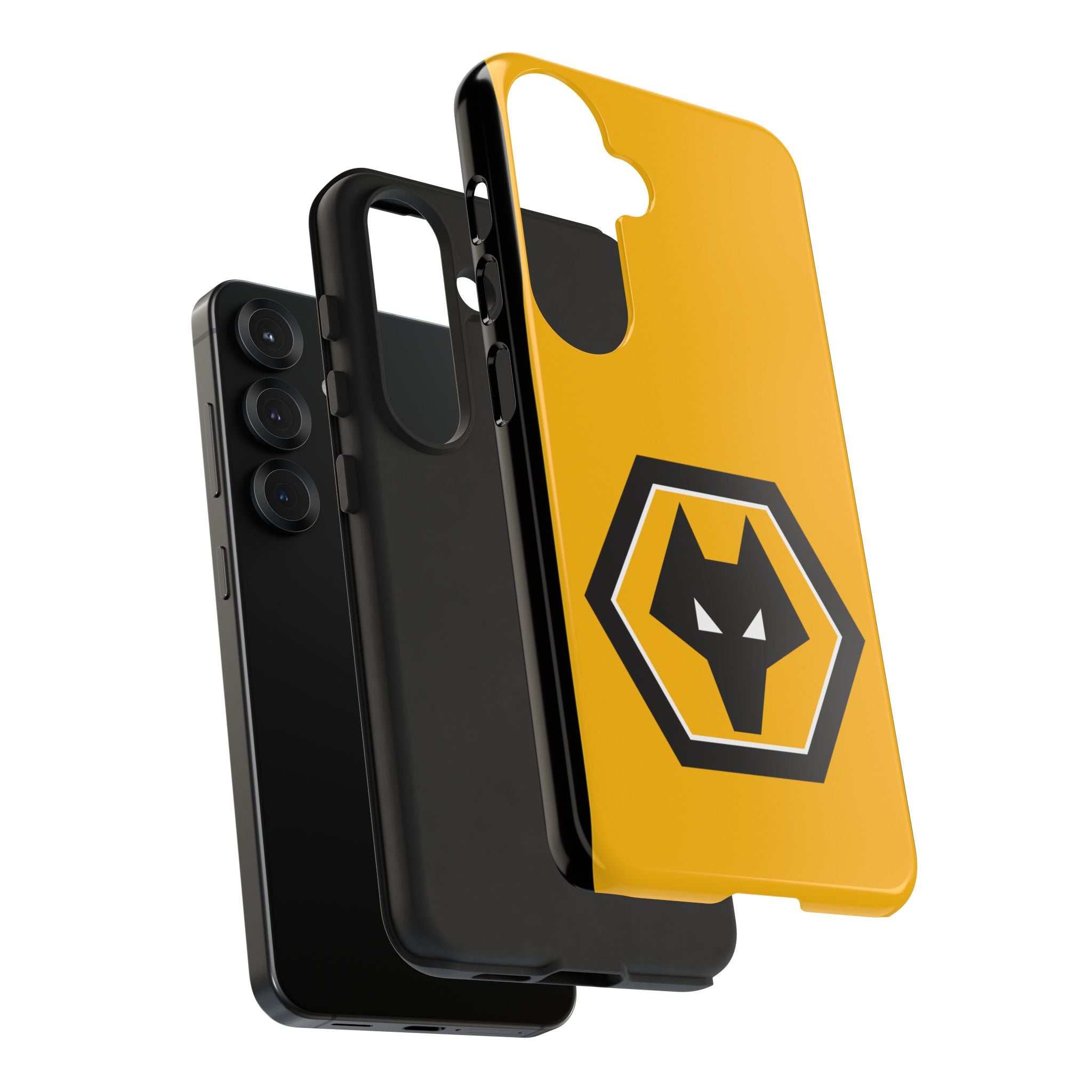Wolves FC magnetic Samsung case in gold and black with official-style crest, dual-layer protection, and wireless charging compatible