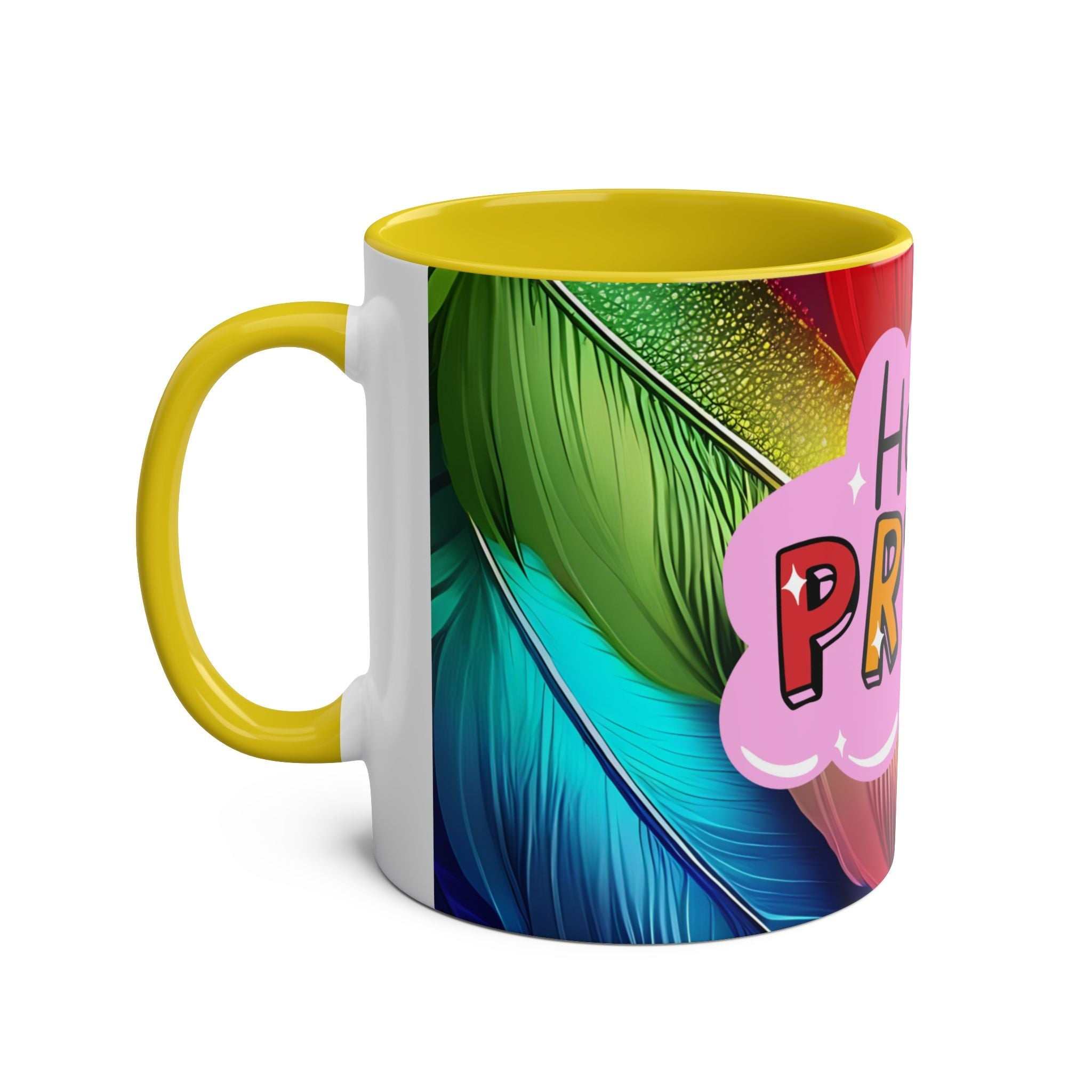 LGBTQ+ Pride mug with vibrant rainbow design and yellow handle.