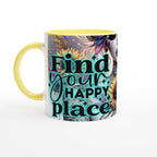 Happy Place motivational coffee mug with colorful design and inspirational quote.