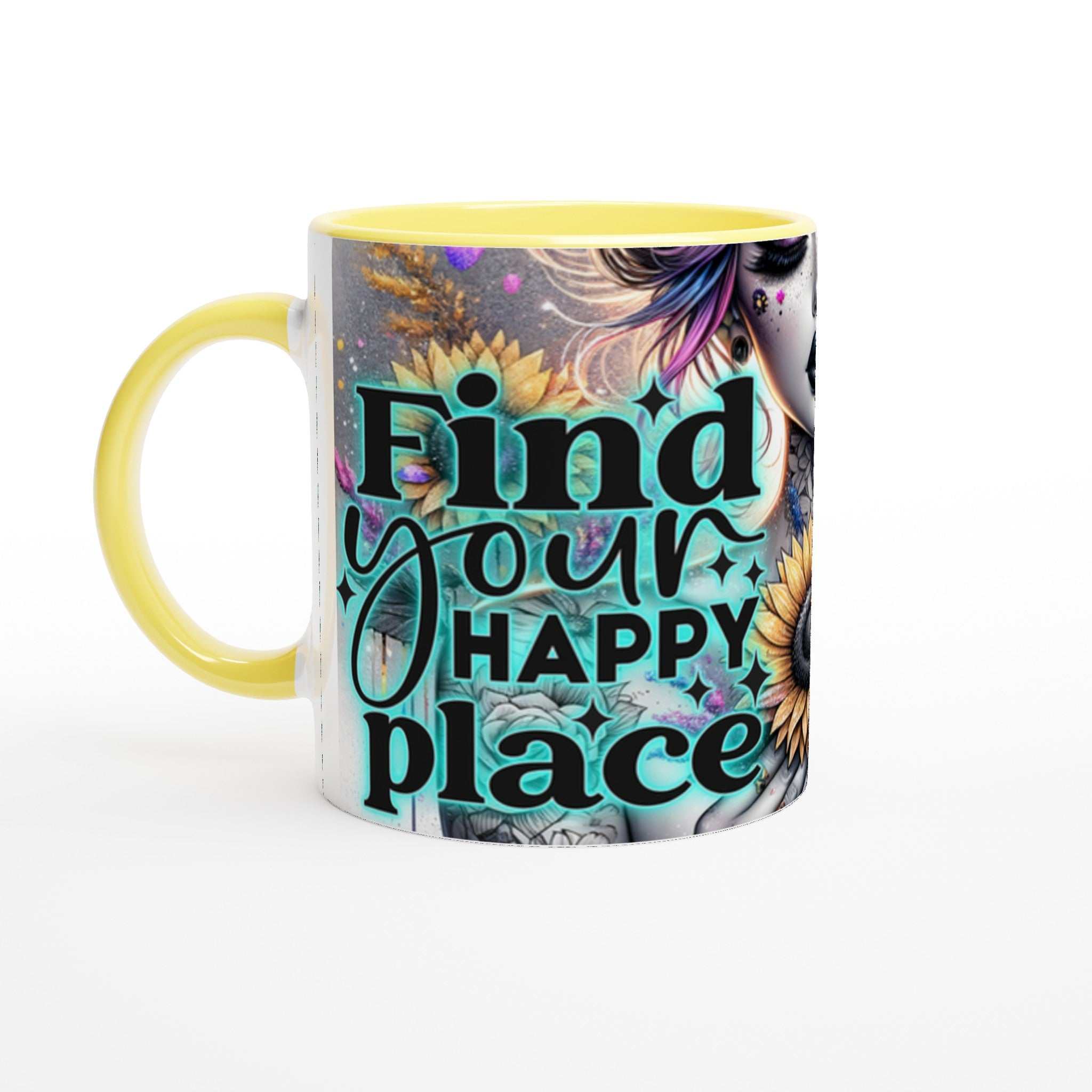 Happy Place motivational coffee mug with colorful design and inspirational quote.