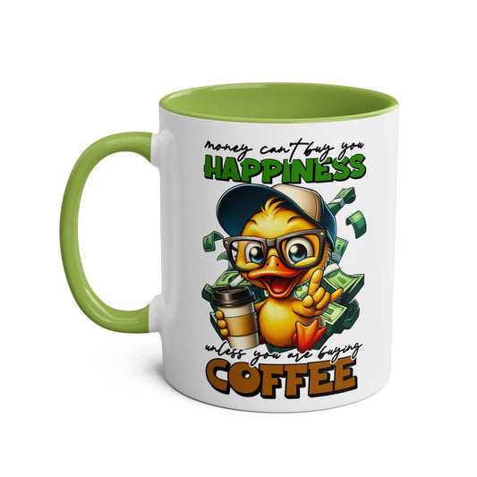 Cheerful duck illustration on a Happiness Coffee Mug with green interior and handle.