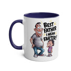 Fun Fathers Day Gift Mug with cartoon dad and child, "Best Father I Mean Farter" text, 11oz ceramic, blue handle.