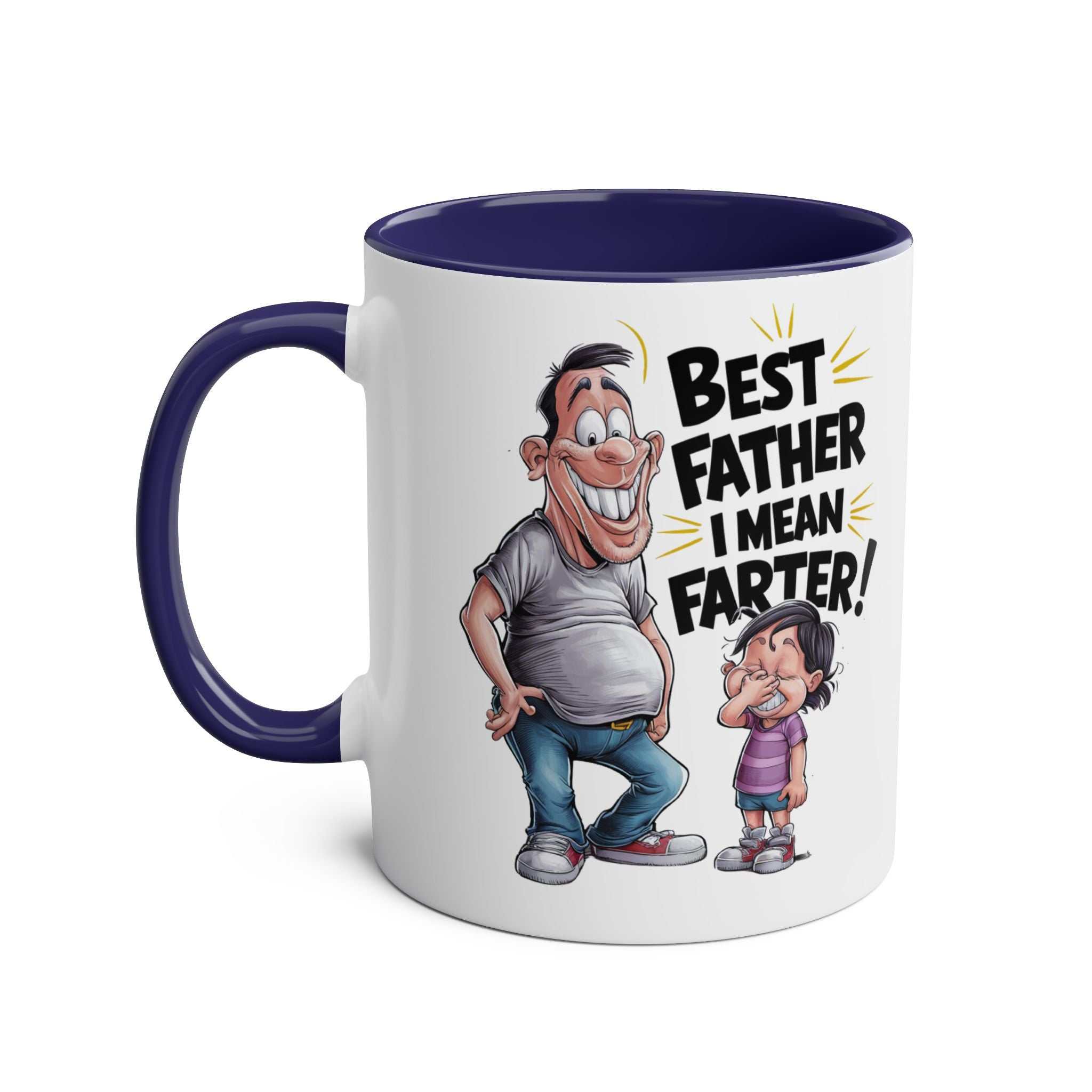 Fun Fathers Day Gift Mug with cartoon dad and child, "Best Father I Mean Farter" text, 11oz ceramic, blue handle.