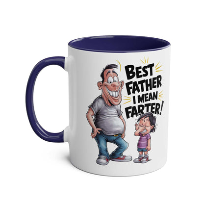 Fun Fathers Day Gift Mug with cartoon dad and child, "Best Father I Mean Farter" text, 11oz ceramic, blue handle.