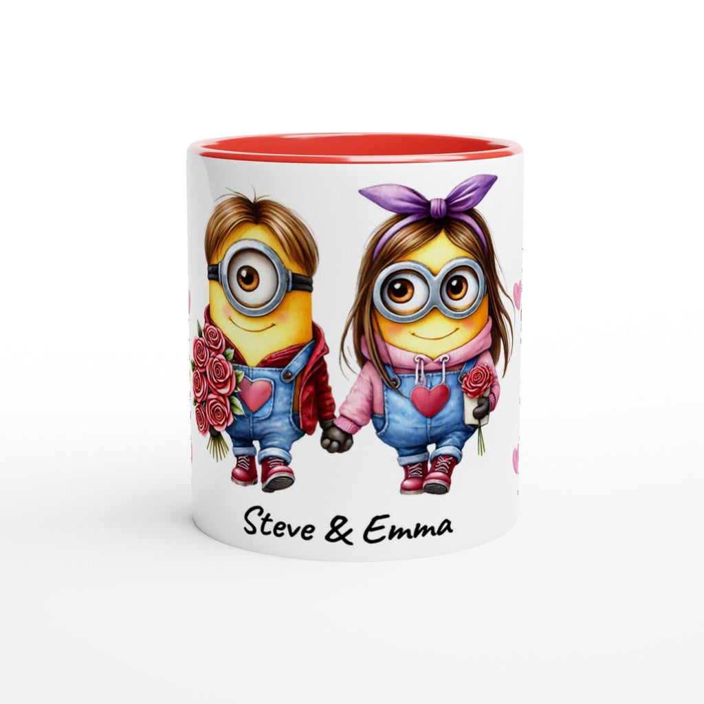 Cute Minions personalised Valentine mug with customisable names and vibrant print.