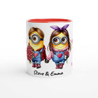 Cute Minions personalised Valentine mug with customisable names and vibrant print.