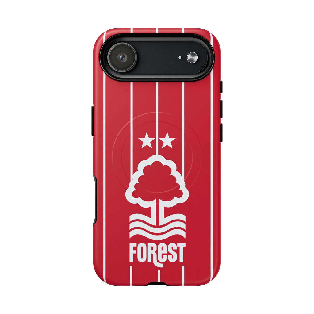 Nottingham Forest Magsafe iPhone Case with red stripes and white club crest, dual-layer protection, and MagSafe compatibility