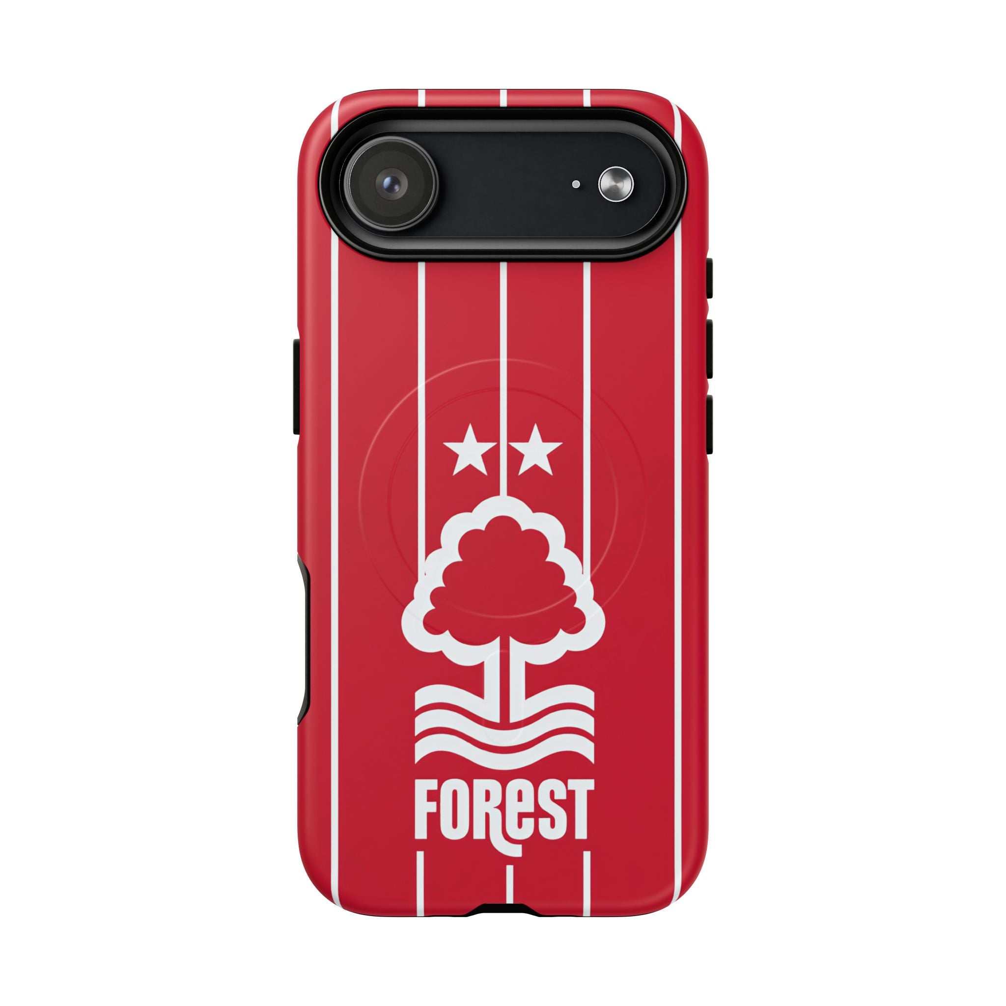 Nottingham Forest Magsafe iPhone Case with red stripes and white club crest, dual-layer protection, and MagSafe compatibility