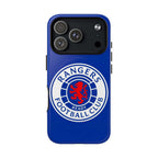 Rangers FC MagSafe iPhone case in royal blue with official-inspired crest, dual-layer protection, and MagSafe compatibility