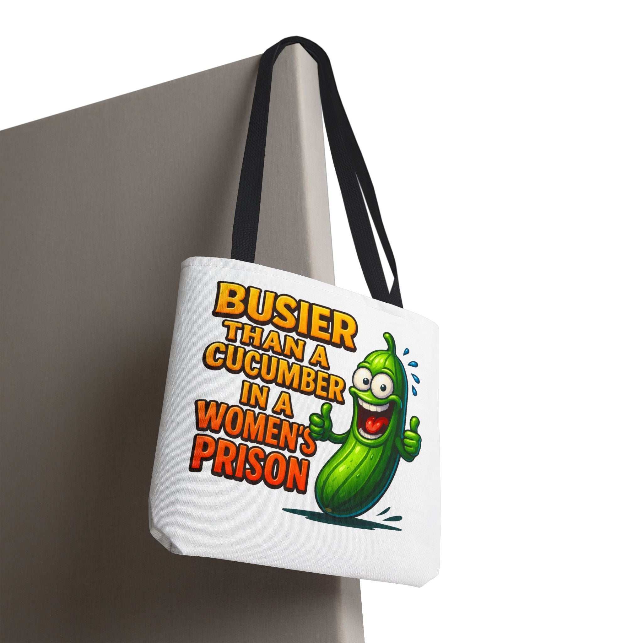 Busier Than a Cucumber Tote Bag with cheeky design, durable spun polyester, multiple sizes and handle colors, perfect for daily errands and casual outings
