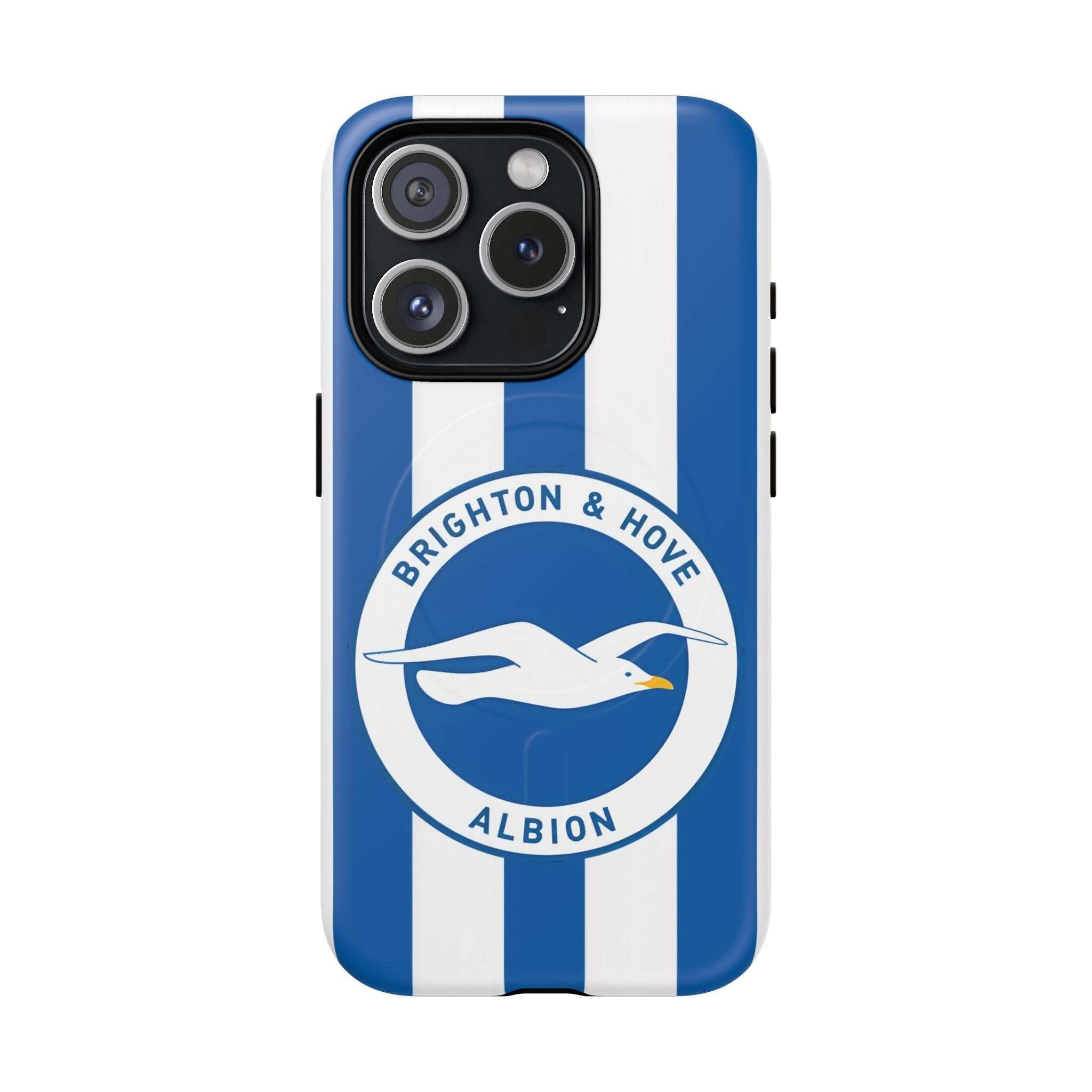 Brighton FC MagSafe iPhone case with blue and white stripes and seagull crest, dual-layer protection, MagSafe compatible