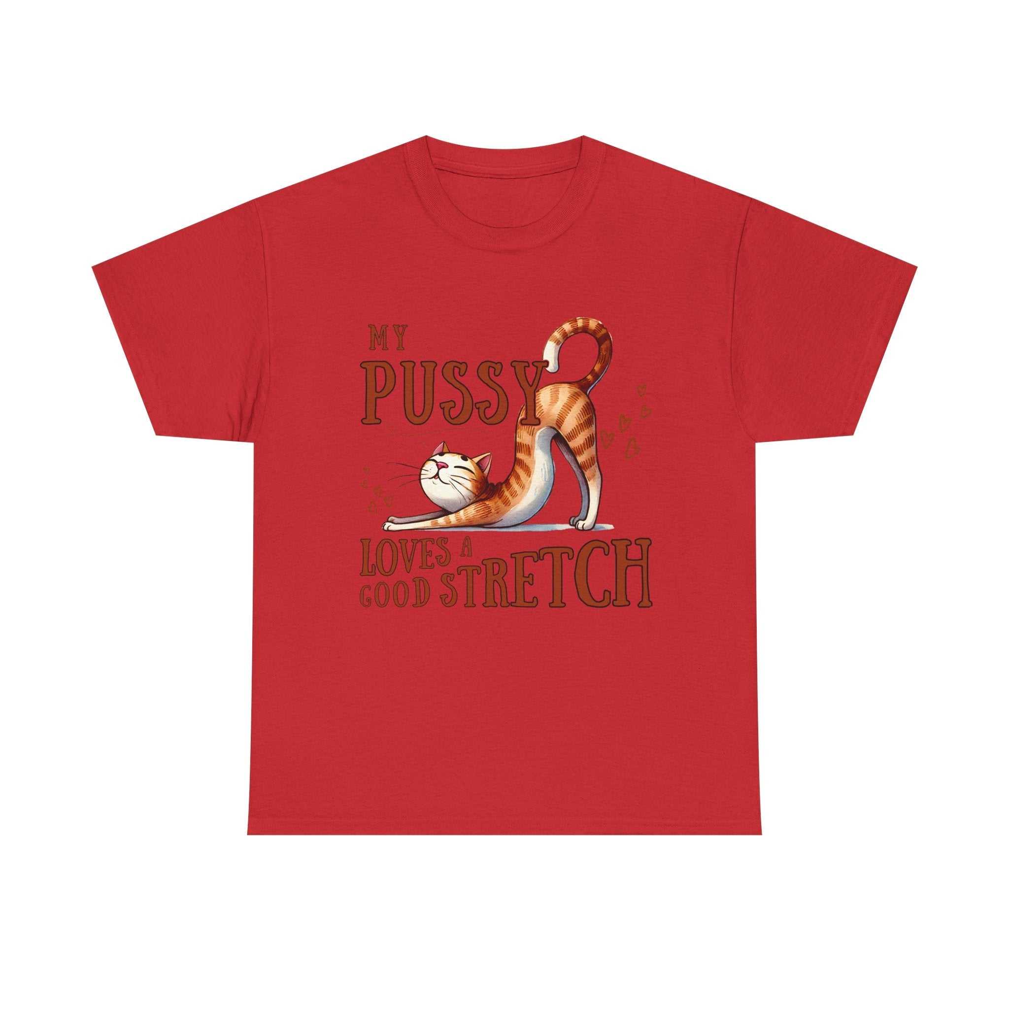 My Pussy Loves a Stretch T-Shirt with bold humorous text, soft cotton fabric, perfect for playful style and casual wear
