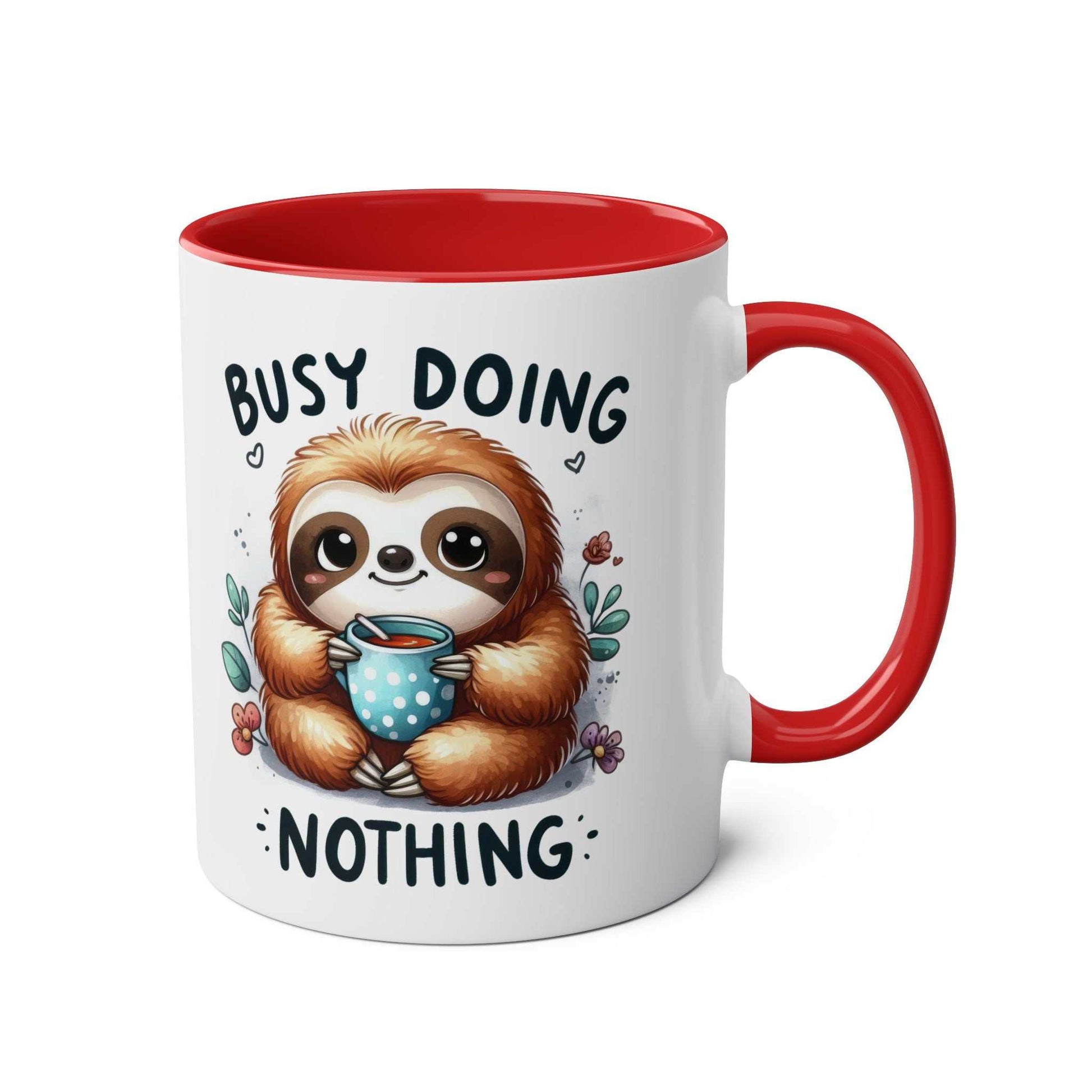 Cute sloth coffee mug with "Busy Doing Nothing" text, red handle, and whimsical design.