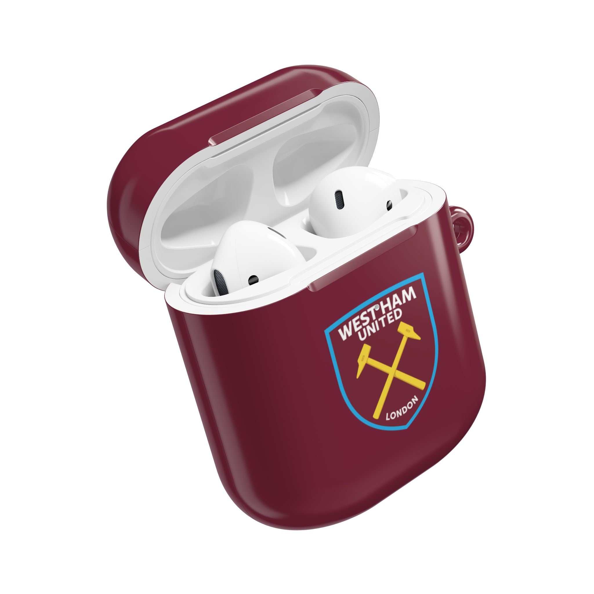 West Ham Utd FC AirPods Pro protective case in claret with crossed hammers crest and wireless charging support