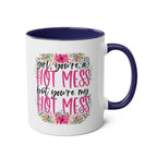 Hot Mess Coffee Mug with colorful floral design, glossy finish, available in 7 colors, 11oz ceramic, microwave and dishwasher safe.