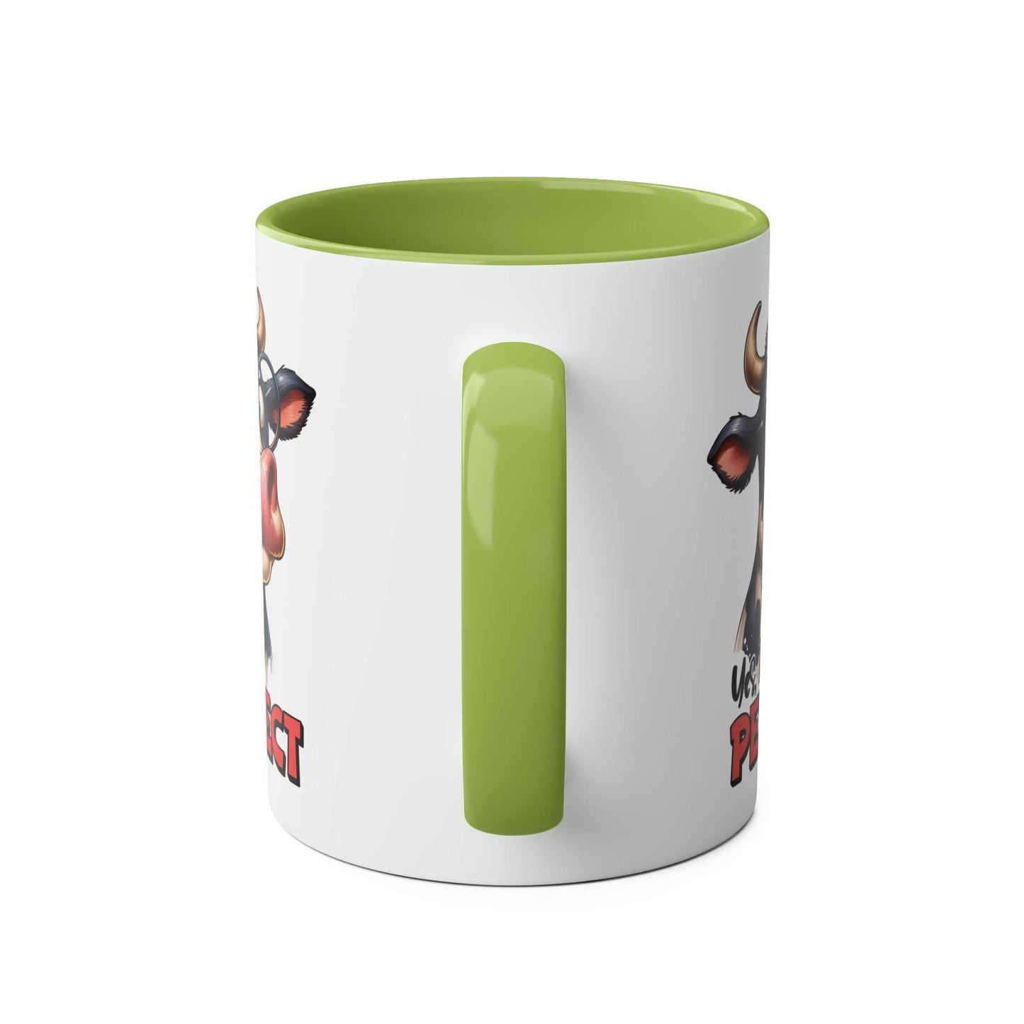 I Am Perfect Coffee Mug with quirky cow design, glossy finish, and green interior.