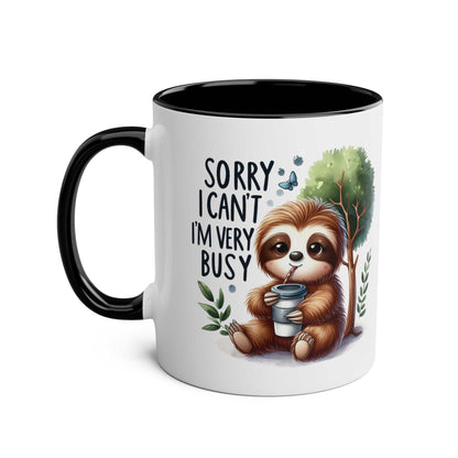 Cute sloth coffee mug with design and black handle, 11oz ceramic, whimsical gift.