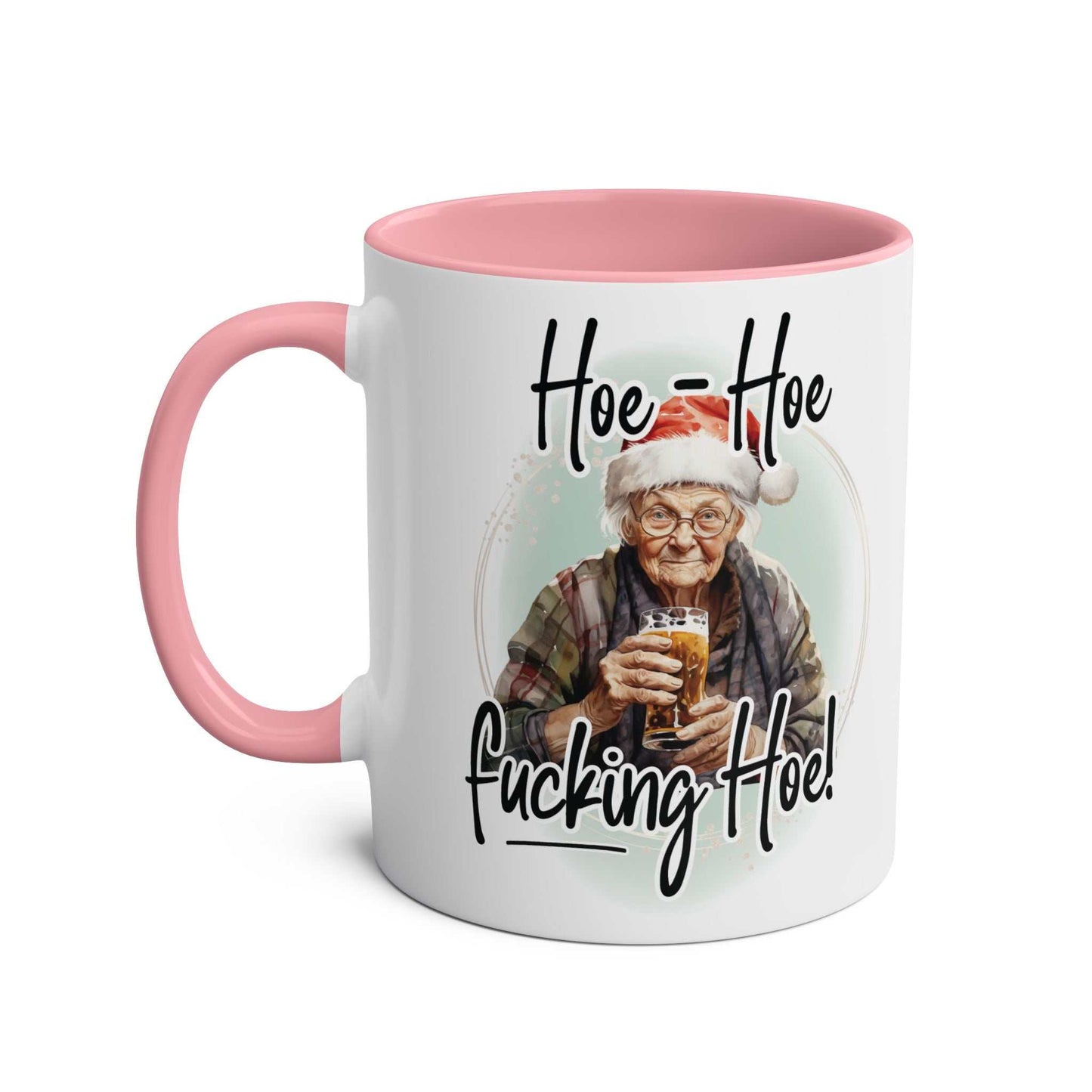 Festive Sweary Granny Christmas Mug with pink handle and humorous design.