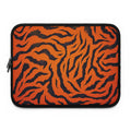 Orange tiger print laptop sleeve made of durable neoprene with soft foam lining and dual zipper closure.