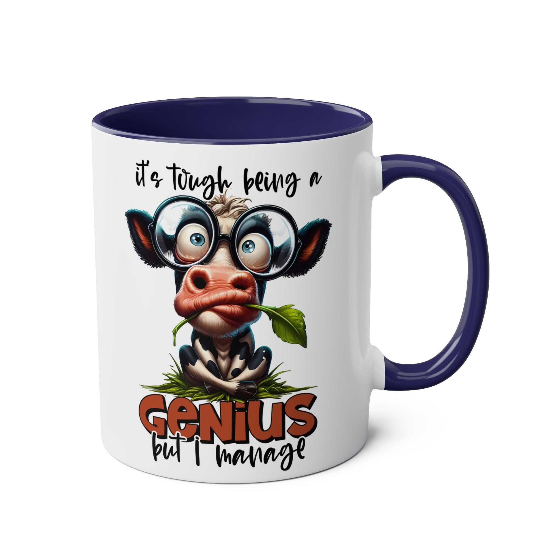 Funny genius coffee mug with quirky animal graphic and witty design.