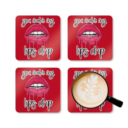 You Make My Lips Drip coaster set with cheeky lip design and latte on one coaster.