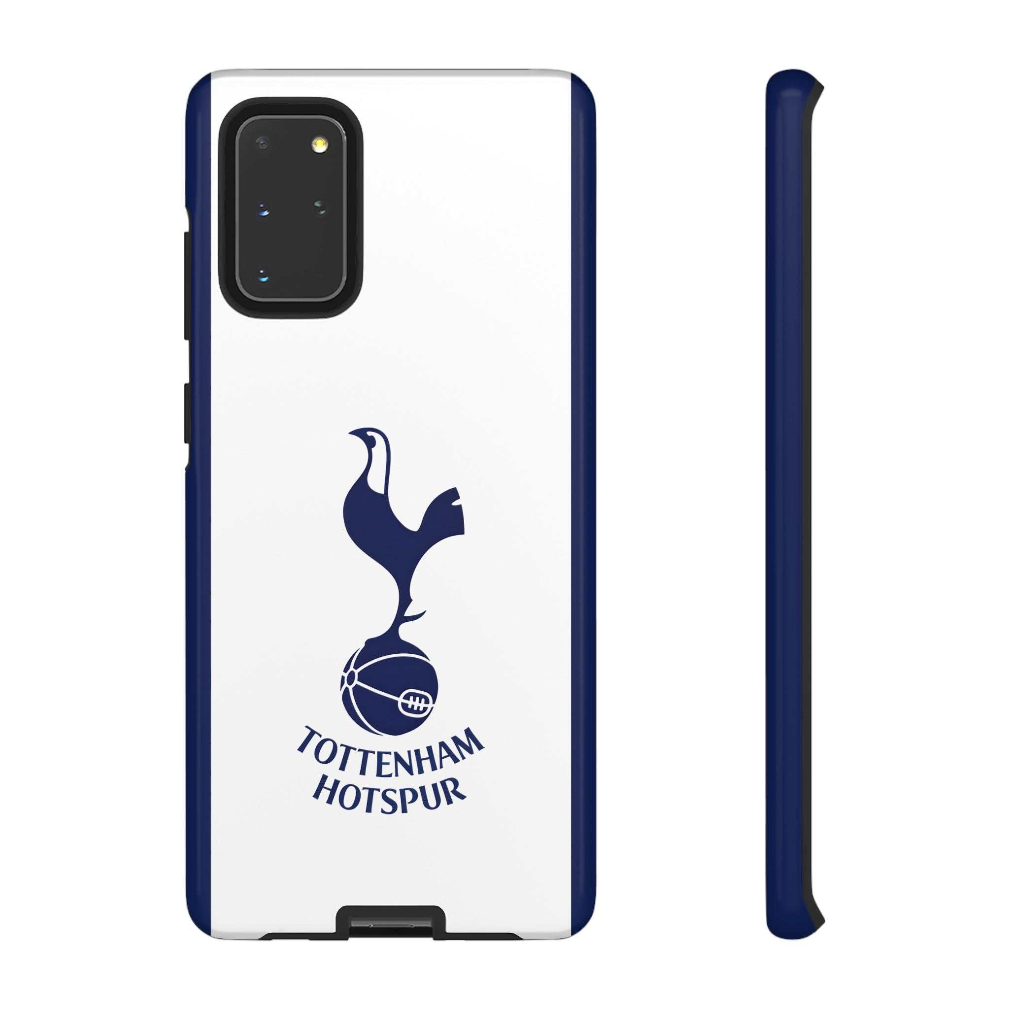 Tottenham FC magnetic Samsung phone case with white and navy colors and official-inspired crest, dual-layer shock-absorbing protection, wireless charging compatible