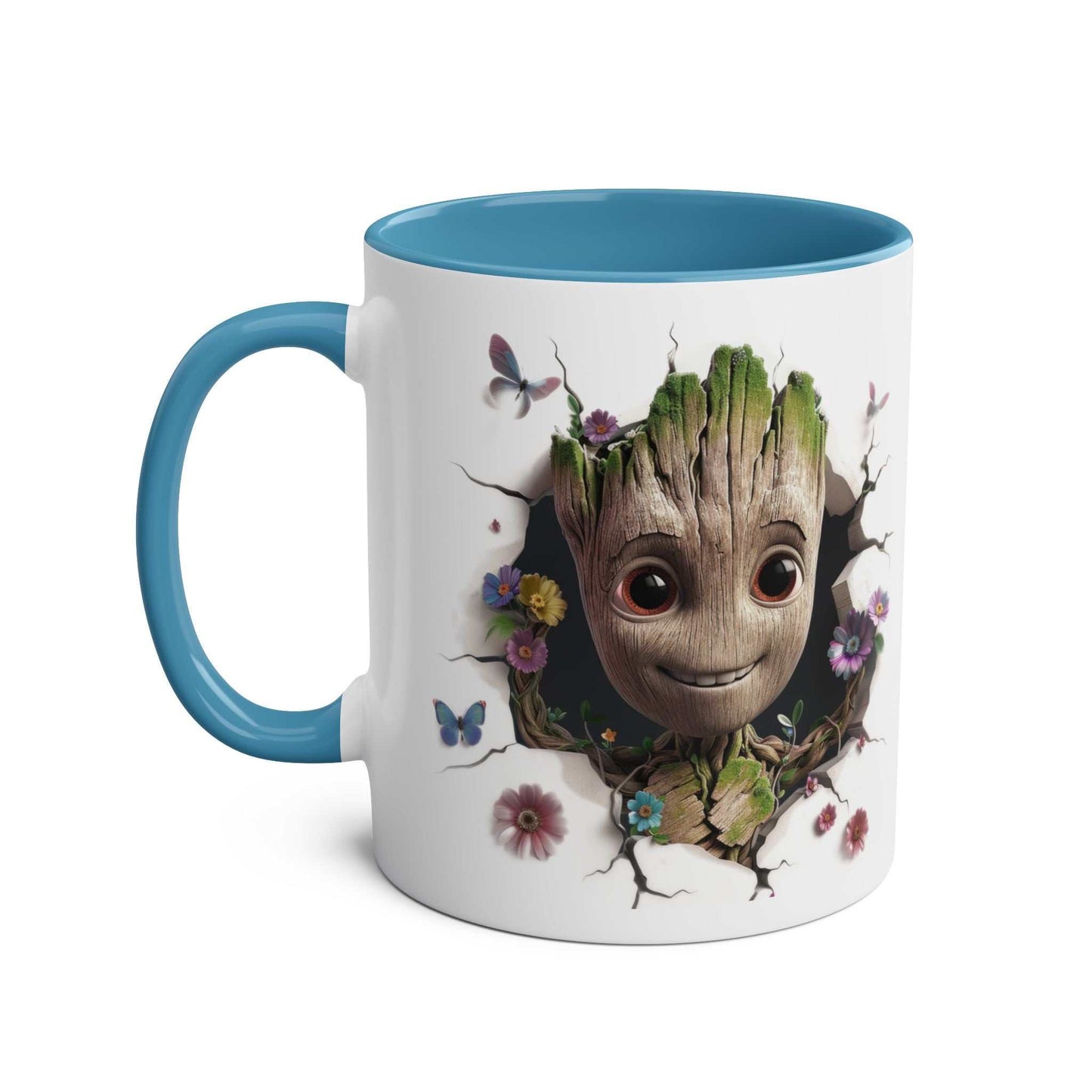 Baby Groot inspired ceramic coffee mug with colorful design, durable, 11oz capacity.