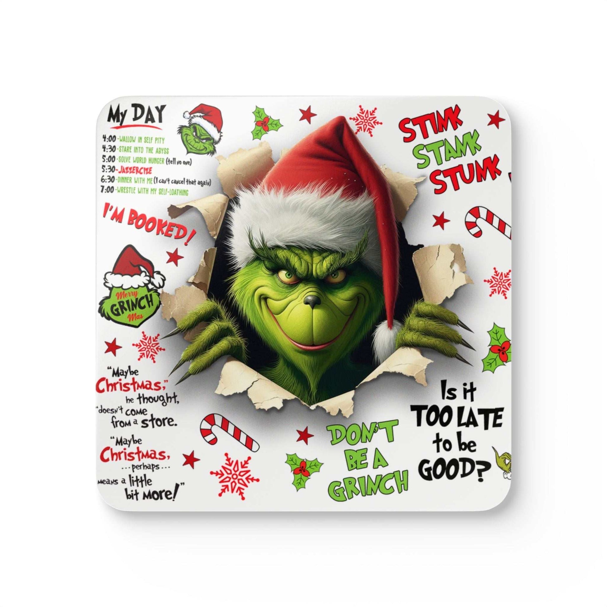 Grinchmas Fun Coaster Set featuring grumpy Grinch design with holiday decorations.