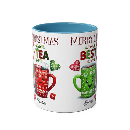 Personalised Bestie Christmas Mug in colorful design with names and holiday patterns.