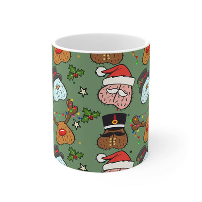 Cheeky fun Christmas mug with vibrant holiday design featuring Santa, reindeer, and festive decorations; 11oz ceramic, glossy finish, sublimation print.