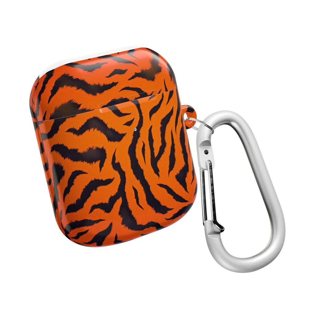Orange tiger print protective hard shell case for AirPods with carabiner clip