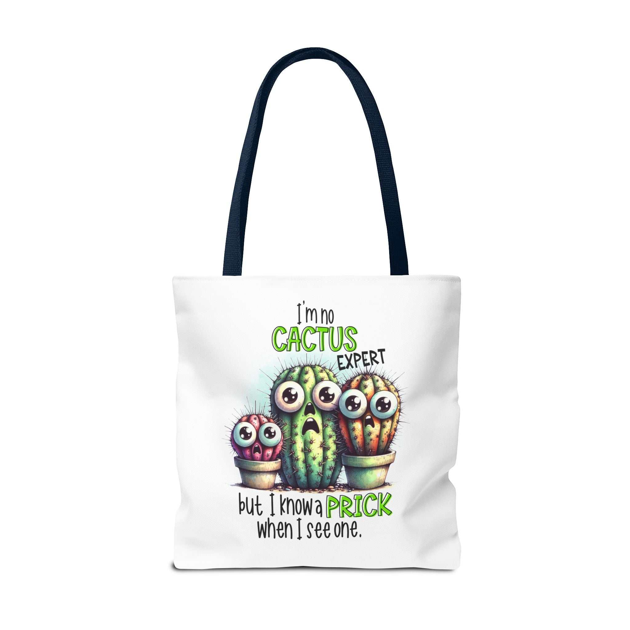 Fun cactus tote bag with cheeky design, durable spun polyester, multiple sizes and handle colors, perfect for daily use and gifting
