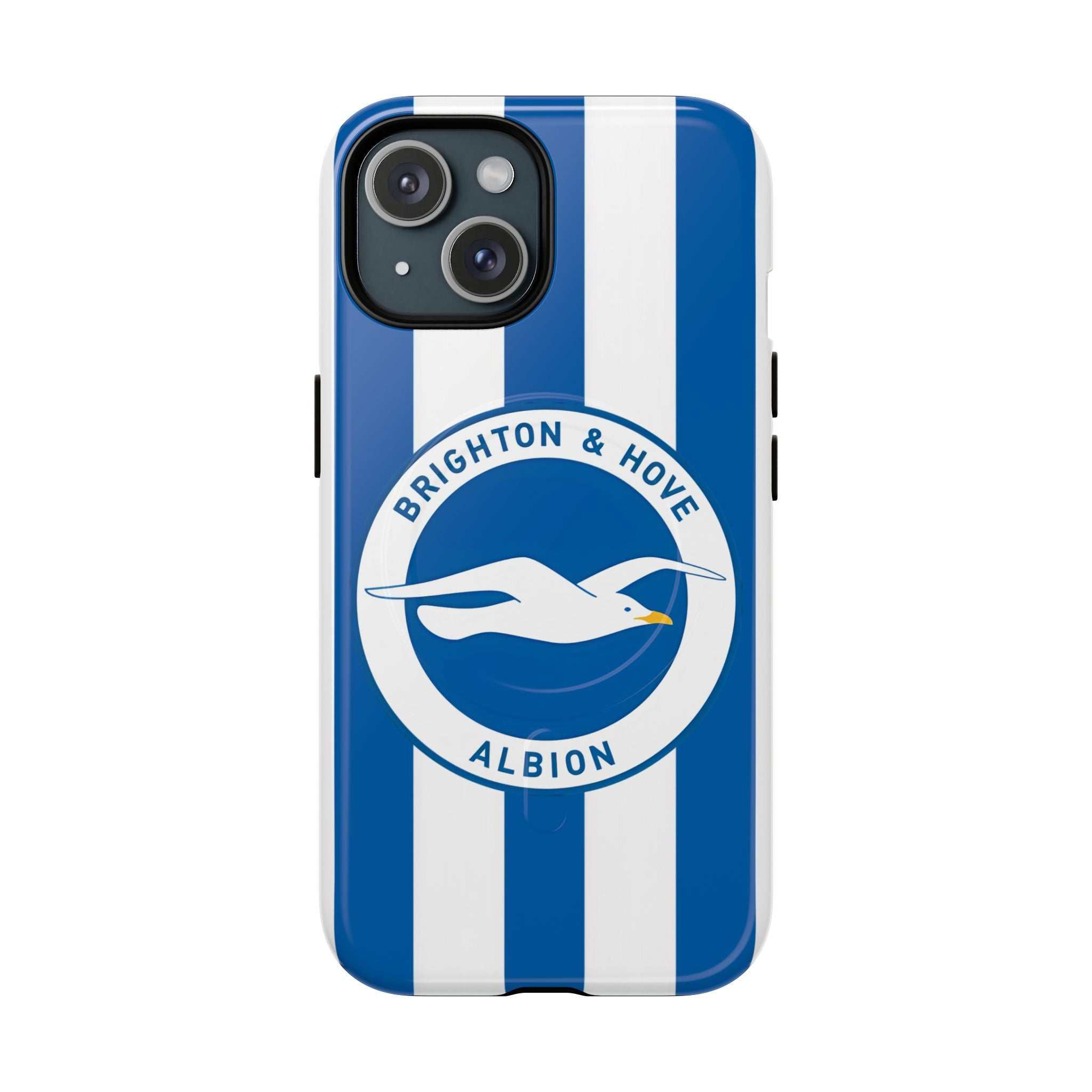 Brighton FC MagSafe iPhone case with blue and white stripes and seagull crest, dual-layer protection, MagSafe compatible.