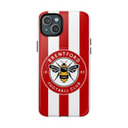 Brentford FC MagSafe iPhone case with red and white stripes and club crest, dual-layer protective design, compatible with MagSafe charging