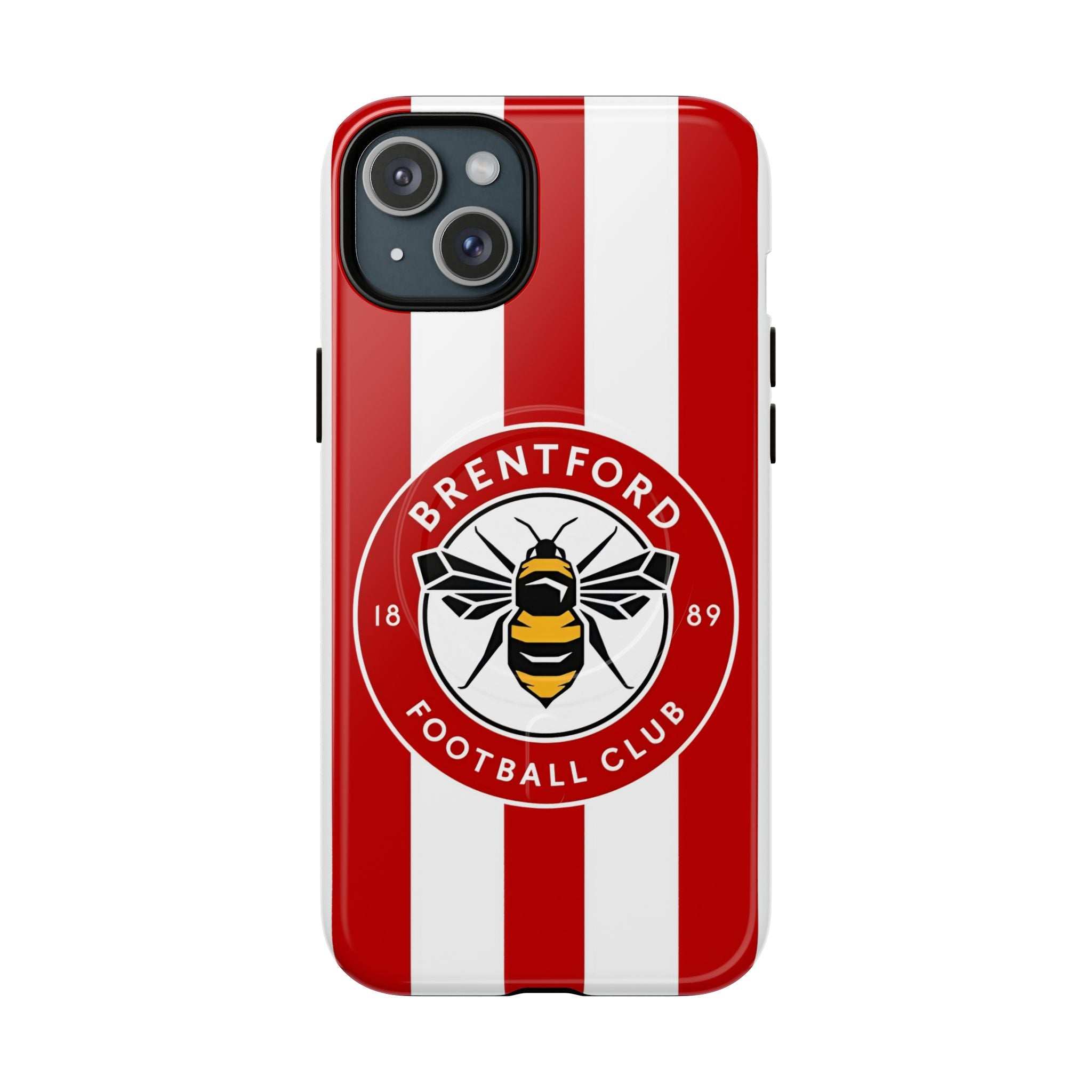 Brentford FC MagSafe iPhone case with red and white stripes and club crest, dual-layer protective design, compatible with MagSafe charging