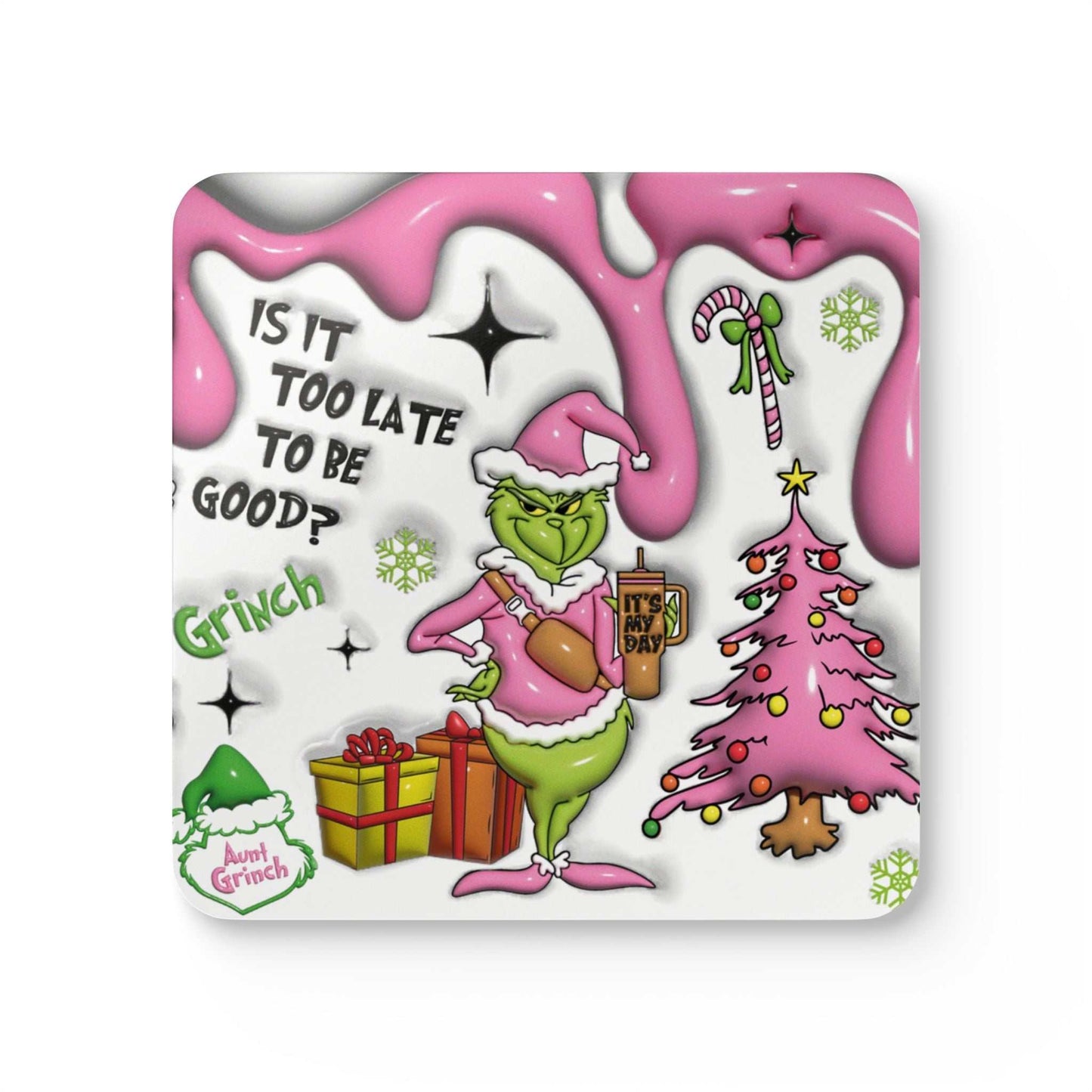 Grinch Christmas Coaster Set featuring iconic grumpy Grinch with high-gloss MDF top and cork back, 4-piece set.