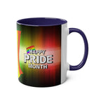 LGBTQ+ Pride Mug with rainbow design and "Happy Pride Month" text.