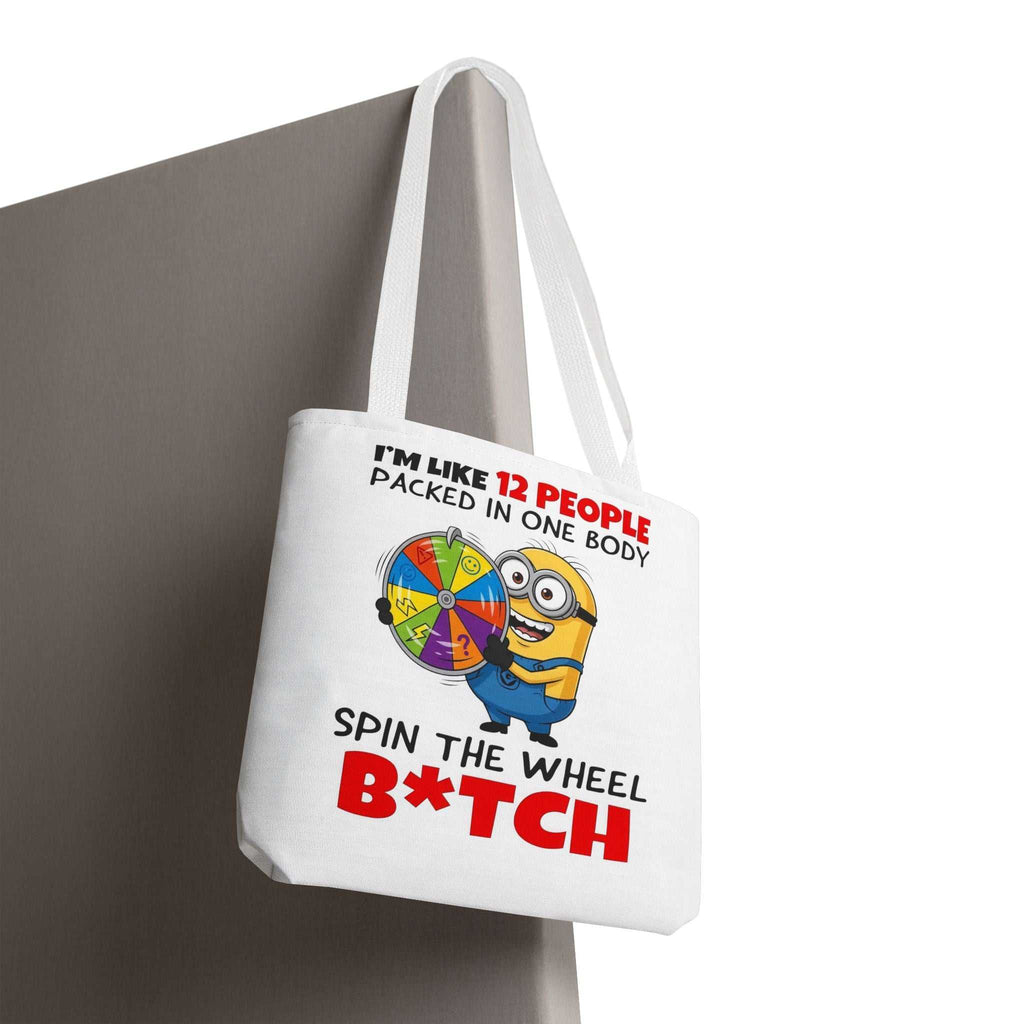 Funny Minion tote bag with cheeky design and durable spun polyester fabric
