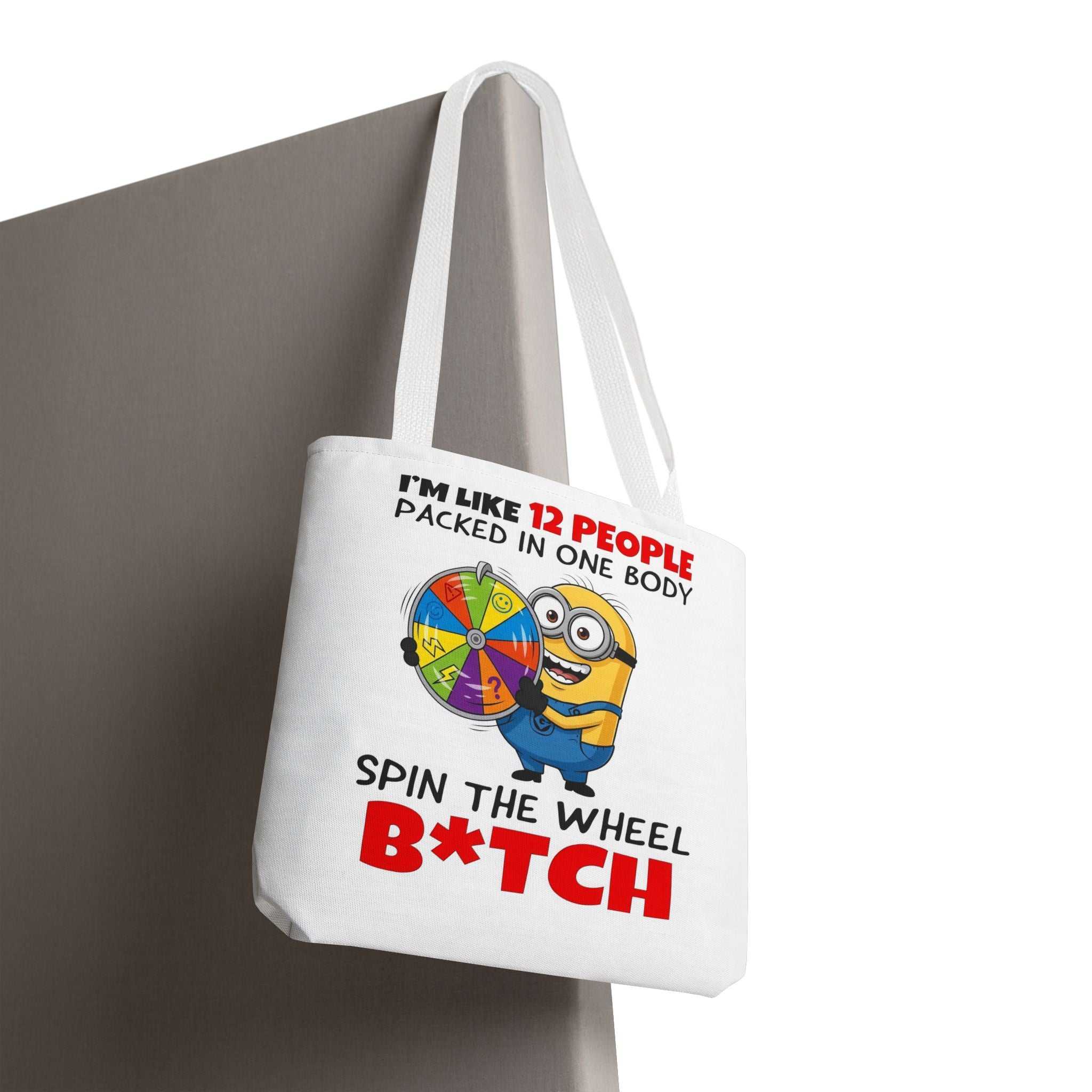 Funny Minion tote bag with cheeky design and durable spun polyester fabric