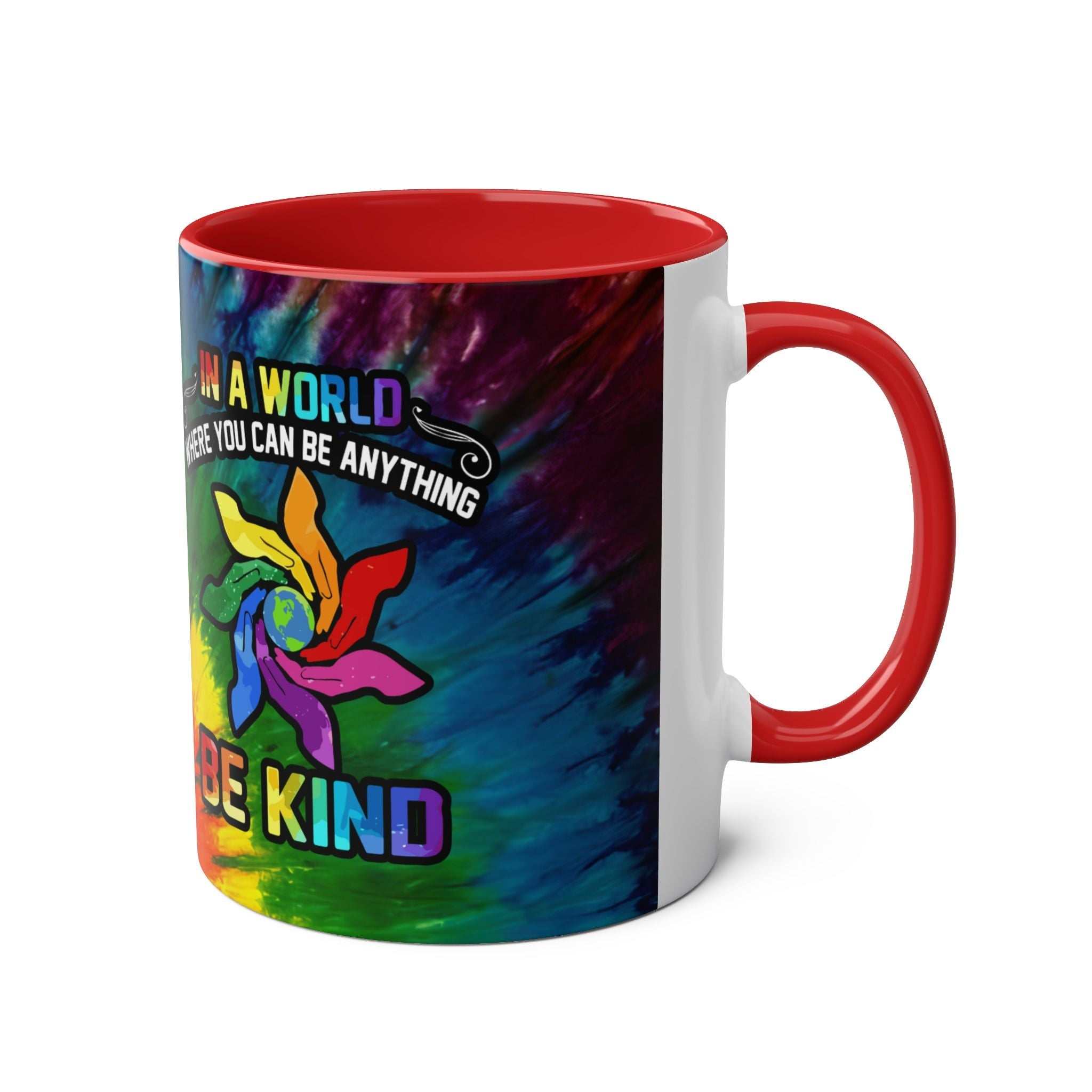 Vibrant ceramic LGBTQ+ Pride mug with rainbow design promoting love and equality.