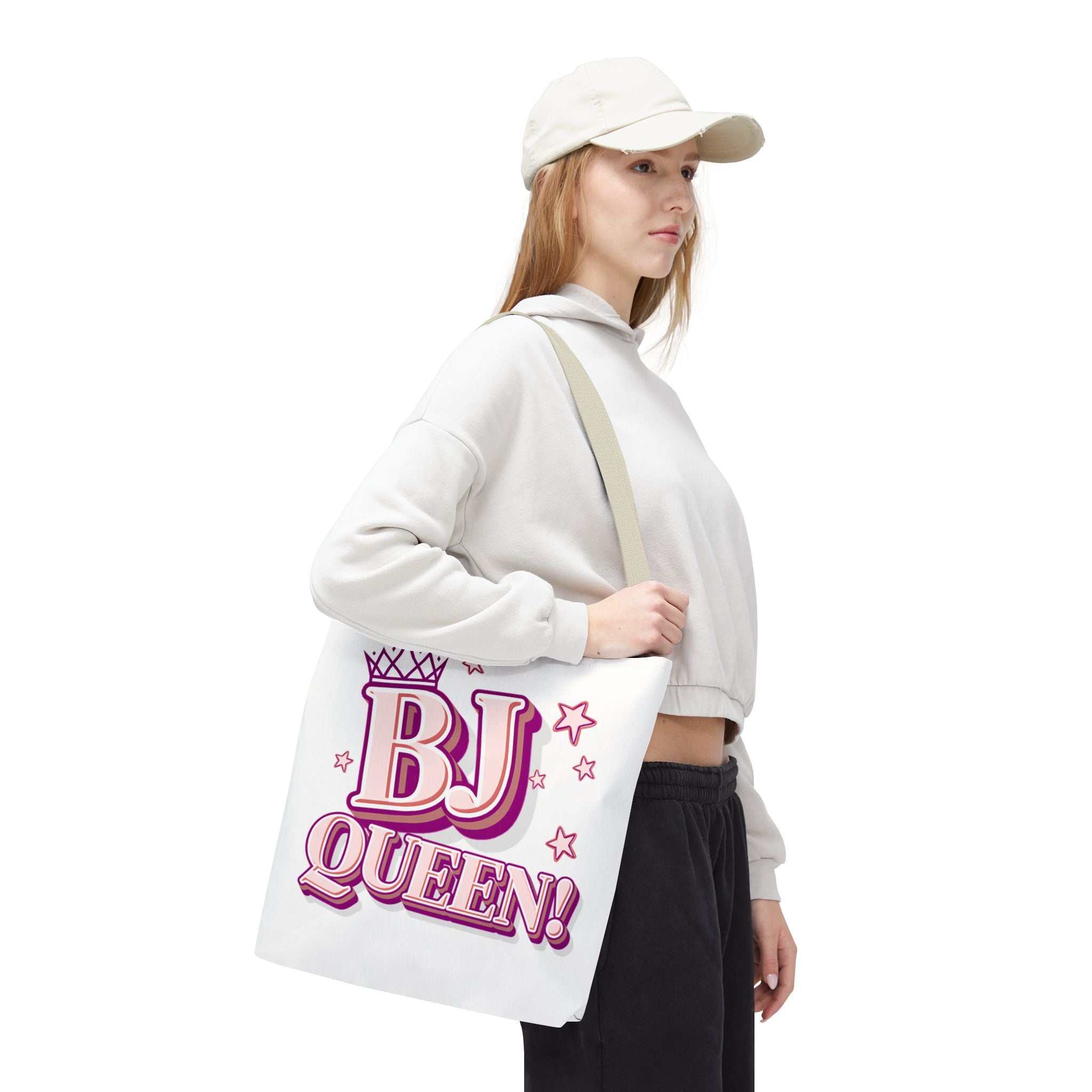 Cheeky BJ Queen Tote Bag in multiple sizes with colorful handles and durable spun polyester design