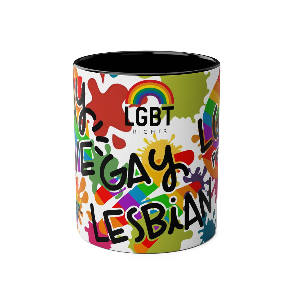 LGBTQ+ Pride mug with rainbow design and equality messages, 11oz ceramic, glossy finish.