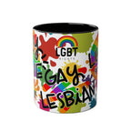 LGBTQ+ Pride mug with rainbow design and equality messages, 11oz ceramic, glossy finish.