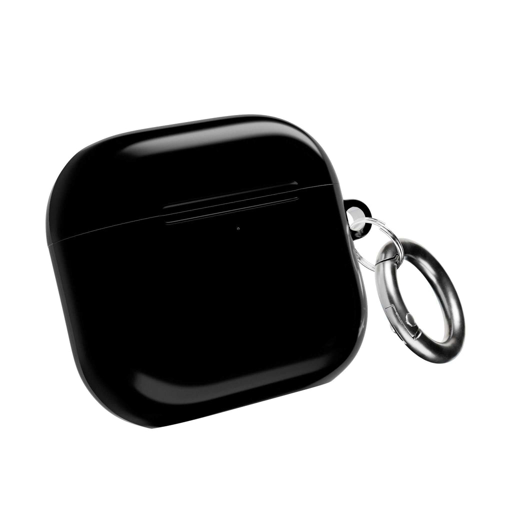 Black AirPods Pro protective hard shell case with keychain, glossy finish, durable and lightweight design.