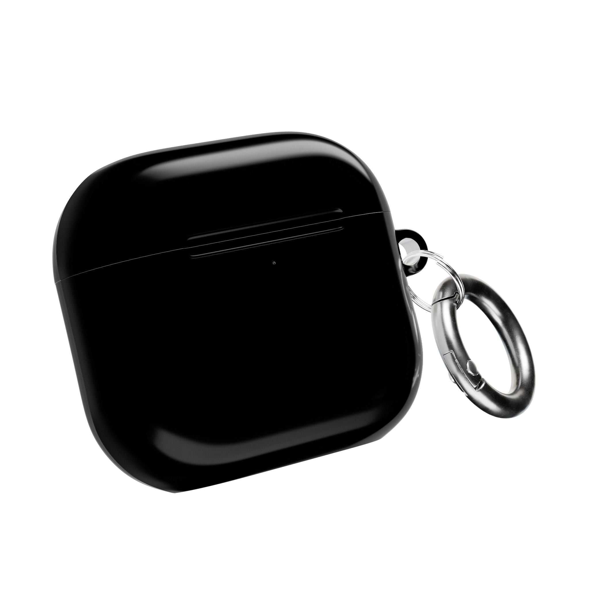 Black AirPods Pro protective hard shell case with keychain, glossy finish, durable and lightweight design.