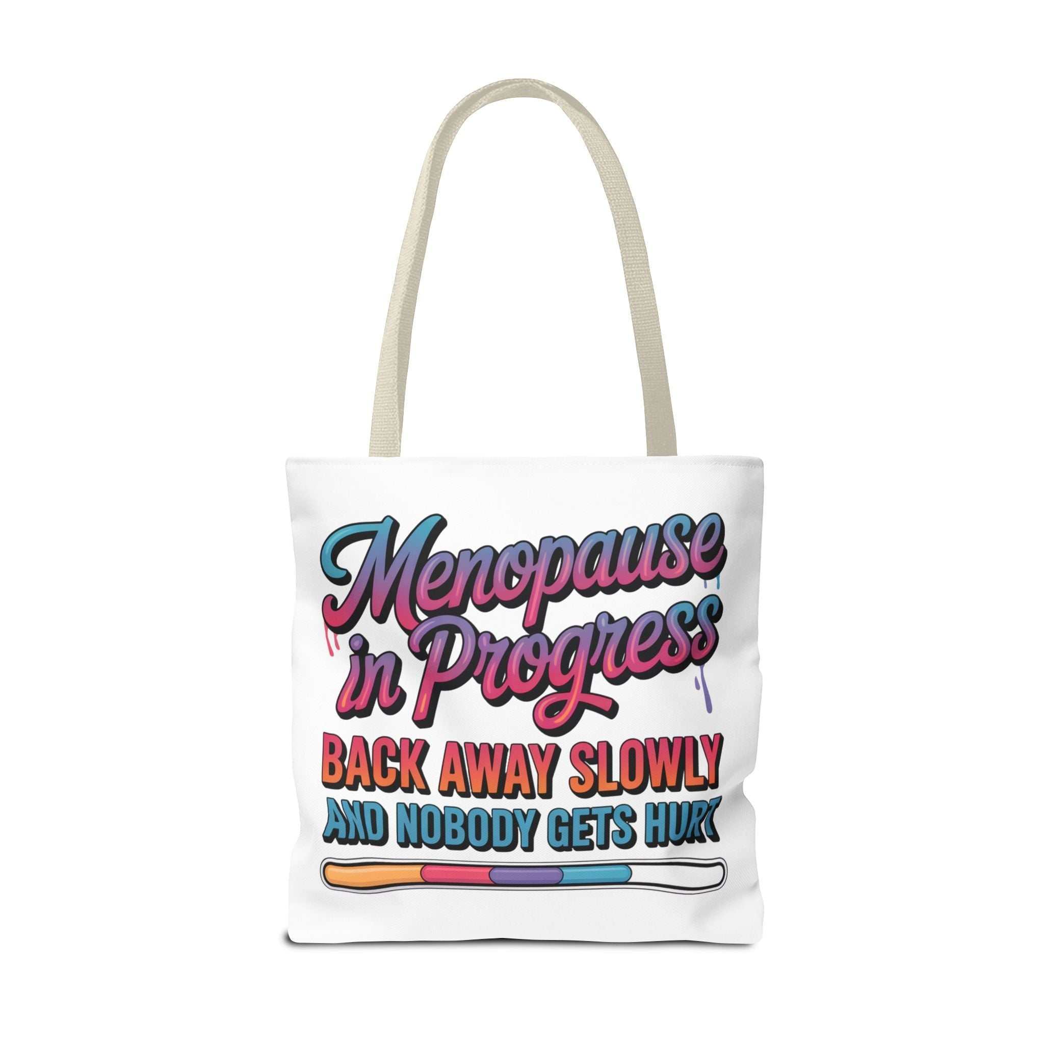 Menopause in Progress tote bag with cheeky design, durable polyester, multiple sizes and handle color options