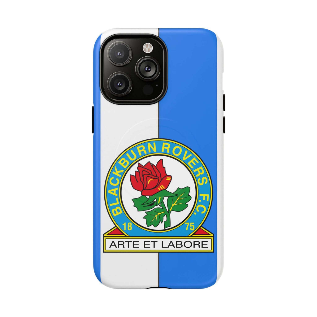 Blackburn Rovers MagSafe iPhone case with blue and white colors and club crest, dual layer protection, and MagSafe compatibility