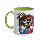 Fun sarcastic coffee mug with green handle and colorful dog illustration, 11oz ceramic, dishwasher safe.